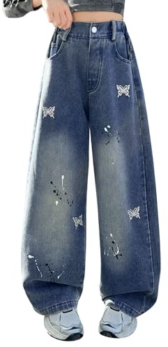 Rolanko Vaqueros Niñas, Loose Denim Pantalones Cintura Elástica Moda Rotos Azul para Niños, Mariposa de Diamantes, Talla: 8-9 años/140