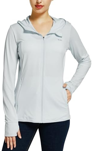 WILLIT Giacca sportiva da donna, a maniche lunghe, protezione solare, con cappuccio, protezione UV, UPF 50, leggera, yoga, fitness, sport, escursionismo, con tasche, bianco, M