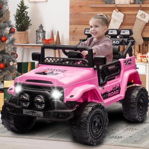 HAUSPROFI Kinder Elektroauto 12V, Elektroauto für Kinder mit 2,4G Fernbedienung, LED, Bluetooth, Musik, 3-5 km/h, Kinderauto Elektrisch, Elektro Kinderauto für ab 3 Jahren, Rosa