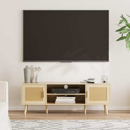 HEYZOEY Wood TV Stand for up to 65 Inch TV, 54 Inch TV Unit with 2 Cabinets and Open Shelves, Modern TV Console Table for Living Room