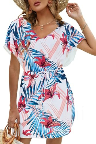 Vossmi Robe de Plage Femme Cache Maillot de Bain V-Cou Cover Up Bikini Maillot Manche Courte col en V Mousseline Casual Robes ete Plage avec Ceinture Décontracté Bikini,Fleur Rouge