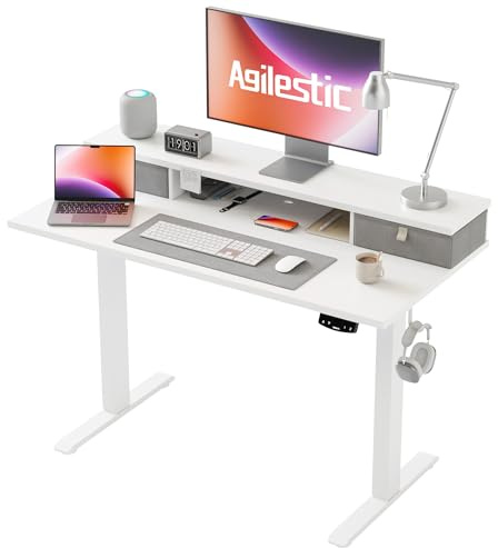 Agilestic Electric Adjustable Height Desk, with 2 Fabric Drawers, 100x60cm | 72-116cm Height, Stable Sit-Stand Standing Desk w. 2 Memory Buttons, Computer Desk for Home Office, 2 pcs Desktops, White