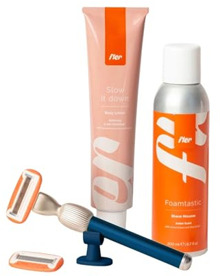Fler Smooth Skin Set - Rasoio Donna con Supporto e 2 Lamette di Ricambio, Rasoi Unisex, Set con Mousse per la Depilazione e Crema Corpo Lenitiva, Lametta con Aloe Vera (Blu Midnight)