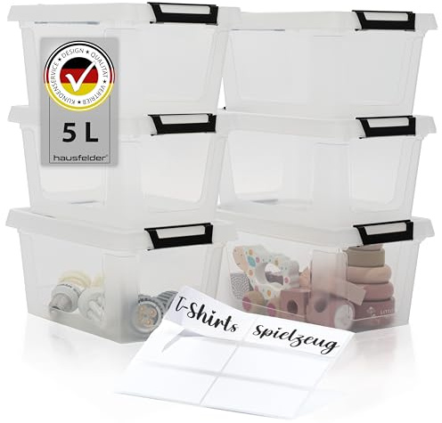 Hausfelder Aufbewahrungsbox mit Deckel 5 Liter, 6er Set Kunststoffboxen stapelbar, transparente Box mit Deckel für Aufbewahrung im Haushalt, Keller, Kinderzimmer