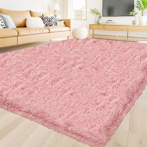Hochflor Teppich Wohnzimmer 140x200cm, Rosa Fuzzy Shaggy Flauschiger Teppich für Schlafzimmer Teppiche, Modern Plüsch Wohnzimmerteppich Bettvorleger High-Pile Carpet rutschfest für Kinderzimmer
