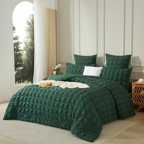 Luofanfei Seersucker - Funda nórdica de 240 x 260 cm, color verde oscuro liso a cuadros a rayas, microfibra para 2 personas, adulto, ropa de cama lisa, juego de funda nórdica con cremallera 240 x 260