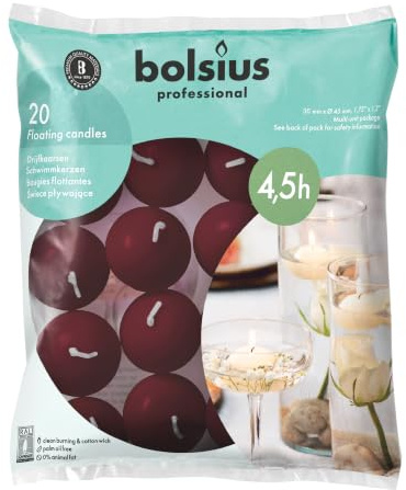 Bolsius Floating Candles - Bordeaux Red - Pack of 20 - Diameter 45 mm - Length Burning Time 4.5 Hours - Praffin Wax - Without Palm Oil - Decorative Household Candles