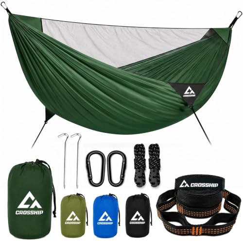 CROSSHIP Camping Hammock with Mosquito Net, 2 Person Hammock Bug Net, Portable, Parachute Nylon for Outdoor, Camping, Hiking, Backpacking, Backyard, Beach, Travel (Hold Up to 500lbs) (Forest Green)