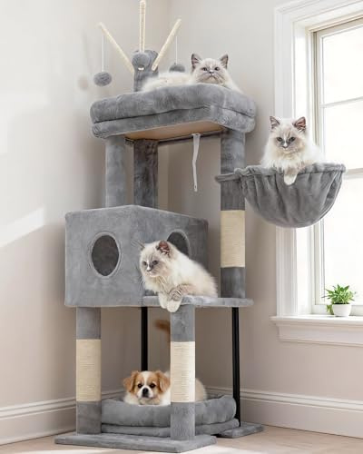 Heybly klösträd, 115 cm högt, för innekatter, stor loungeplattform, mysig kattkorg, kattgrotta, klösträd i sisal, lekbollar, avtagbara kuddar, ljusgrå HCT202SW | Allt-i-ett kattmöbler med mysig säng, dolt utrymme katthus, bekväm hängmatta, klösstolpar och 3 pompoms, ljusgrå