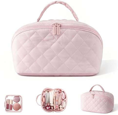 Sminkväska för Kvinnor, Stort Utrymme, 180° Platt-Öppnande Organizer med Fack för Toalettartiklar & Borstar (Pink)