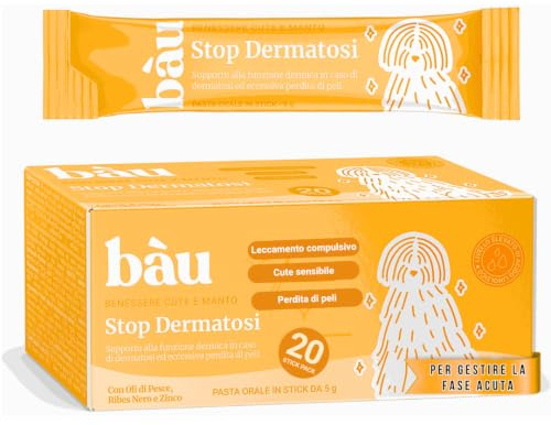 Bau Dermatite Cane e Prurito in Pasta – Stop Dermatosi Integratore Pelle e Mantello – per Perdita Pelo, Cute Irritata e Forfora – Supporto Funzione Dermica in Stick Appetibili