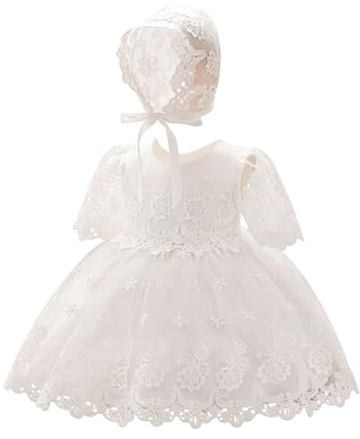 Générique Ensemble Robe de Baptême Bébé Fille avec Bonnet Dentelle, Robe Tulle Broderie Intégrale Manches Courtes, Robe de Cérémonie Élégante pour Mariage Anniversaire, Tailles 3-24 Mois