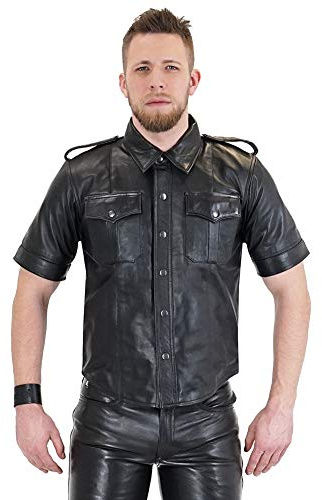 Bockle® Black Shirt Lamb Chemise en Cuir d Agneau Noir pour Homme, Size: S