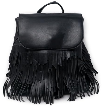 Zainetto nero frange donna zaino ragazza vintage ecopelle di moda borsa da passeggio per uscire tempo libero casual semplice scuola Università viaggio gita primavera estate 2026 Nero