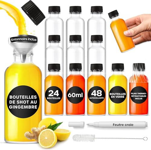 volila Ginger Glass Shot Bottles Mini Set of 24 x 2oz or 60ml with Pouring Funnel, 48 Round Stickers and Chalk Pen for Labelling, Essential Oils, Whisky, Alcohol, Wedding Favours Décor, Clear - Pack