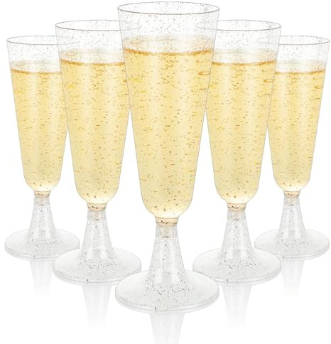AKOLAFE 100er Set Sektgläser Plastik 160ml Sektgläser BPA -Frei Mehrweg Transparente Silberpulver Sektglas Günstiger Sektkelch Stapelbare Champagnergläser für Hochzeiten, Geburtstage, Partys