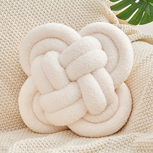 Xiashrk Knot Pillow Ball, 12 Soft Decorative Throw Pillows for Couch Bed, Ivory White Knotted Plush Throw Pillow Handmade Square Cushion Home Couch Decor Pillows for Living Room
