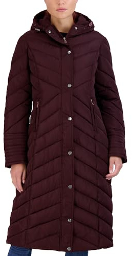 Madden Girl Womens Maxi Puffer Winter Coats - Long Quilted Jackets for Women Weather Resistant Puffer Parka Hooded Jacket, Size Large, Merlot