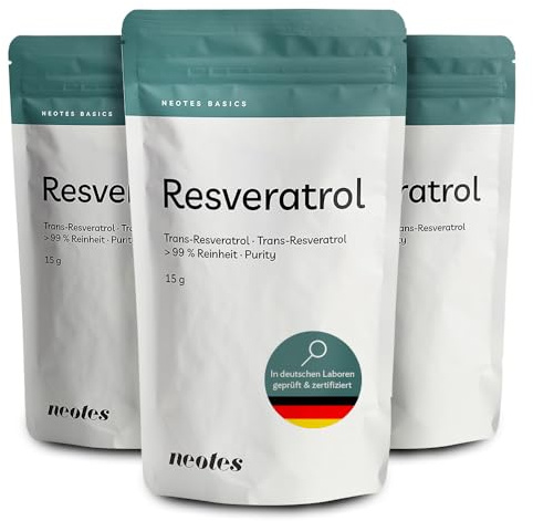 neotes Polvere Trans-Resveratrolo – 3 confezioni da 15 g in confezione da 1 mese, ha un effetto antiossidante e immunitario di supporto | Vegano e senza glutine – Senza ingegneria genetica e senza