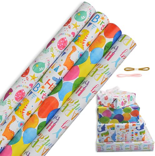 OdiuK 4 Rolle Geschenkpapier, Geburtstag Papier Geschenkpapierrolle mit Farbband, 43cmx3m Ballons Kraftpapier Regenbogenfarben Geschenkverpackung Papier für Kindertag Vatertag Hochzeit Festival