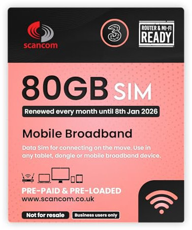 Three 80GB Data SIM – Uncapped 5G Speeds – Preloaded EVERY MONTH Until 8th JANUARY 2026 – No Contract – Plug & Play for Business Broadband, Routers & Phones