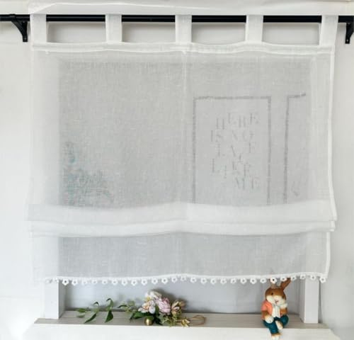 Vordesack Tenda a pacchetto effetto lino con bordo floreale, in tinta unita, con passanti, stile rustico, per soggiorno e cucina, 1 pezzo, bianco, altezza x larghezza 140 x 70 cm