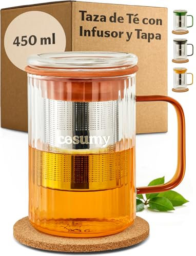 Cosumy Taza para Infusiones con Tapa y Filtro, 450ml - Vaso de Té de Vidrio Borosilicato con Asas de Colores y Posavasos de Corcho (Naranja)