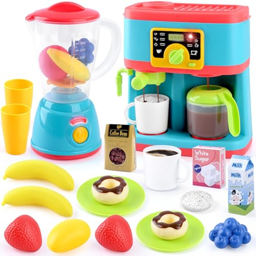 PLAY Kitchen Appliances Toys Set, Pretend Kids Kitchen Playset with Coffee Maker, Toy Blender and Play Foods, with Realistic Lights and Sounds, Play Kitchen Accessories Gift for Toddler Ages 3+