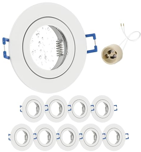 GeyouLux Set med 10 inbyggda LED-spotar 230 V IP44 med GU10-fäste i vitt aluminium rundt platt rundt 68 mm för inomhus- och utomhusbruk