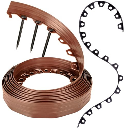 GARDENIX Bordo flessibile per prato, in plastica, resistente alle intemperie, rotondo, per aiuole, colore marrone chiaro, 10 m, 20 ancore, altezza 6 cm, per giardini e robot tosaerba