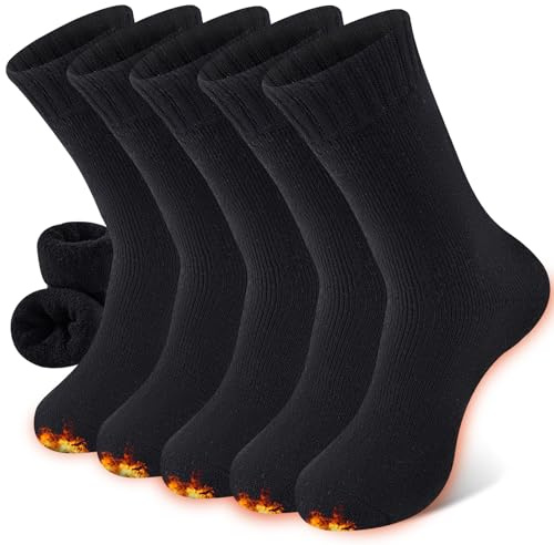 Niorasen Thermal Wool Socks for Women 5 Pairs Multipack, Ladies Warm Winter Walking Hiking Crew Socks for Boots, Thick Comfy Cushioned, Black & Multicolour, Valentines Birthday Gifts for Girlfriend