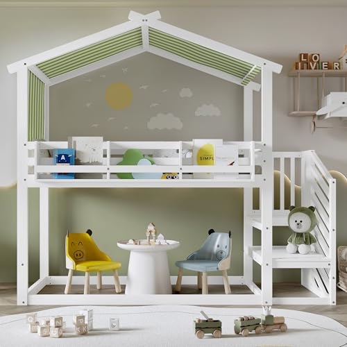 Merax Kids Bunk Bed Frame Children's High Sleeper with Corner Staircase, Wooden House Bed with White-Green striped Canopy,Sturdy Safety Guardrail,Bookshelf, for Teenagers&Adults, White,90x190cm
