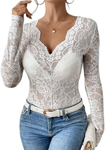 LEBOOBELL Haut Femme Dentelle Deep V Floral Lace Top Sexy Sheer Blouse Transparente Manches Longues French Chic(XXL, Blanc)