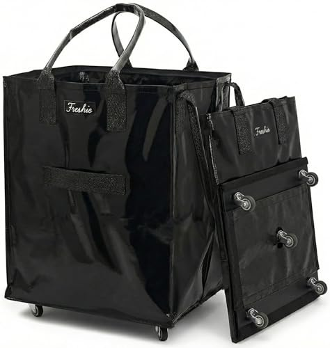 FRESHIE Reusable Grocery Bag On Wheels, Shopping Trolley, Rolling Tote, Zipper Closure, Lightweight, Carries Up to 66 lb, Folds Flat, Unbreakable Handles (Large, Black)