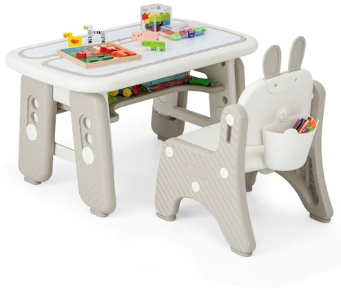 COSTWAY Barnbord med Stol, Barnstolsgrupp med Förvaringsutrymme, Barn Bord Höjdjusterbart med Uppfällbart Böckerregal & Magnetiskt Teckningsbräda, Målbord för Barn Från 1 År