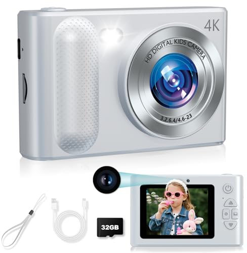 Digital Camera, 48MP Kids Camera 1080P Dual Lens Cmopact Camera with Fill Light, Portable Camera with 32GB SD Card, Small Digital Camera for Kids Teens Boys and Girls(Sliver