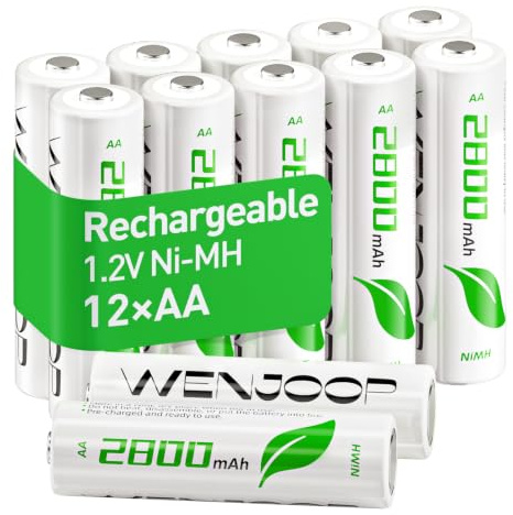 WENJOOP Piles Rechargeables AA HR6, 2800mAh Haute Capacité, Jusqu’à 1200 Cycles, Préchargées, 1,2V NiMH Faible Auto-Décharge pour Jouets et Lampes Torches, Lot de 12