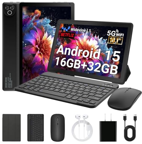 Laptok Tablette 10 Pouces, Android 15 Tablette avec 32 Go ROM+1 to TF, 5000 mAh, WiFi 6, Bluetooth 5.4, Widevine L1, Tablette Tactile avec Clavier et Souris, Noir