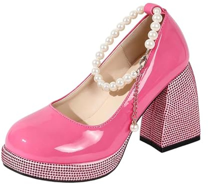 Pumps Women's Medium Heel Shoes Elegant Costume Shoes with Rhinestone Beads Dirndl Shoes Closed Oktoberfest Party Dance Shoes Wedding Shoes Block Heel Bridal Shoes, pink, 10 UK