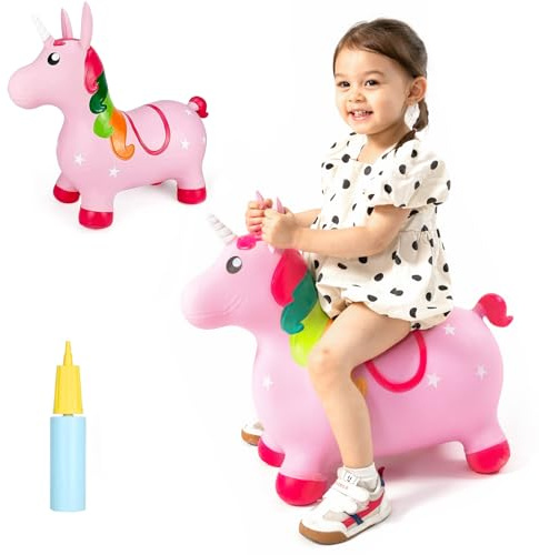 INPANY Unicorn Bouncy Horse Hopper Toys, Toddler Girl Inflatable Animal Hopping Horse, Bouncing Buddies, Ride on Rubber Bouncer, Indoor Outdoor Baby Birthday Gifts for 2 3 4 Year Old Girls Boys