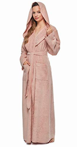 Arus Women's Princess Robe Ankle Long Hooded Lightweight Turkish Cotton Bathrobe Misty Rose Small