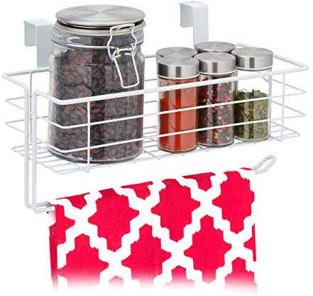 Relaxdays Cesta Rejilla Metálica Colgante con Portarrollos de Cocina, Almacenaje, Alambre, 18x31x17 cm, Blanco