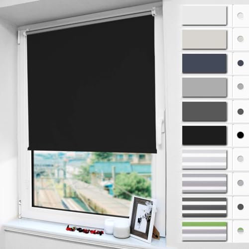 Magiea Verdunklungsrollo ohne & mit Bohren Klemmfix, Schwarz B70 x H120 cm (Stoffbreite 65 cm), Klemmrollo Thermorollo, Innenrollo für Sonnen- und Sichtschutz, Rollos für Fenster & Tür