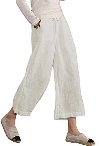 Famulily Cropped Trousers Women Summer Plus Size Elastic Waist Relaxed Fit Comfy Capri Pants White L