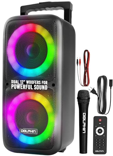 Dolphin Dual 12 Bluetooth Party Speaker - Portable Large Speaker with Wired Microphone, Multicolor LED Lights, USB Playback, Hi-Fi Amplifier, Powerful Bass, 5-Band Equalizer, Long-Lasting Battery