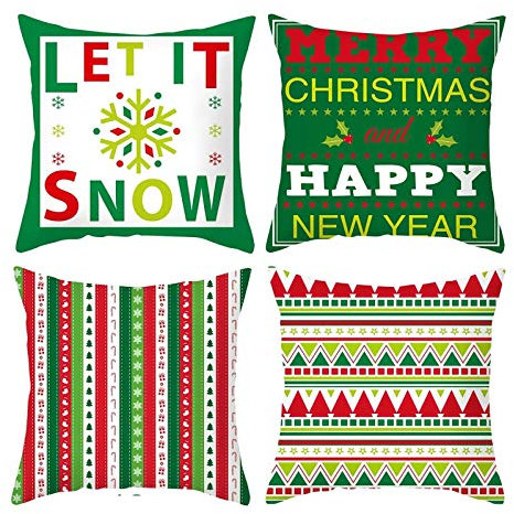 Homxi Dekokissen Weihnachten 4er Set,50x50cm Deko Kissenhüllen Weihnachten,Schneeflockenbäume Let It Snow,Kissenhülle Weihnachten Polyester Grün Rot