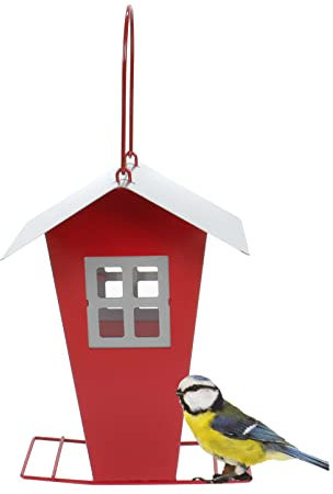 Vogelfutterhaus, Metall Futtersilo mit Sichtfenster zum Stellen oder Hängen, abnehmbares Dach zum Befüllen von Vogelfutter, Anflugstreben, Metallschlaufe (Rot)