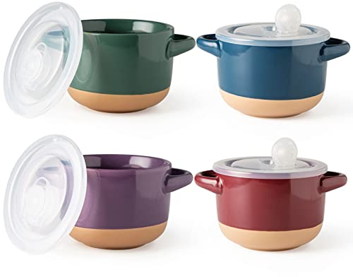 AmorArc 24 Ounces Soup Bowls with Large Handles and Lids, Stoneware Bowls Set of 4 for Soup, Cereal, Stew, Noodle, Colourful Ceramic Kitchen Bowls, Microwave&Dishwasher Safe, Multicolor