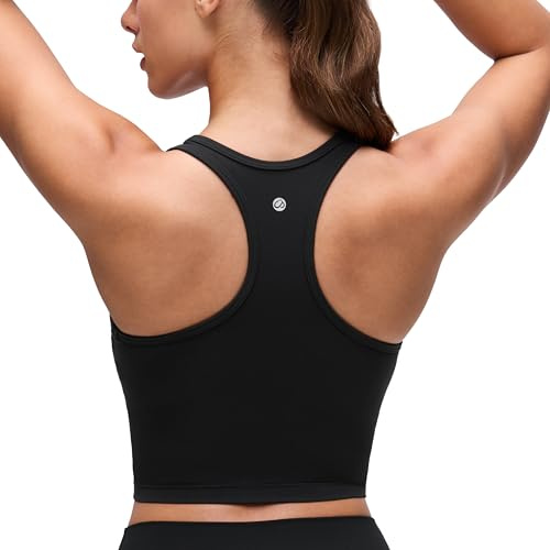 CRZ YOGA Butterluxe Racerback Crop Tank Tops for Women - Padded Y-Back Longline Sports Bras Scoop Neck Workout Yoga Black Small