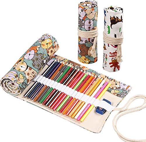 RoadLoo Leinwand Stifterolle, 2 Stück 48 Löcher Canvas Pencil Bag Stifterolle Leinwand Pencil Buntstifte Federmäppchen Tragbar Tier Federmäppchen Kasten Bleistifthalter Pencil Wrap Roll up Holder